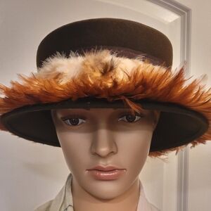 Dennis Basso 100% Wool & Feather Top Brim Hat - Made In Italy